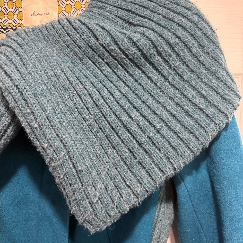 Anthropologie Elevenses Teal Coat Ribbed Collar Belt Wool Blend Boho - Picture 5 of 15